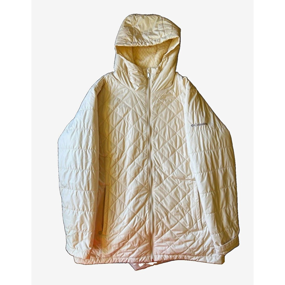 Columbia Sherpa Lined Puffer Jacket Womens XL Ivory Cream Hooded Quilted XL1108